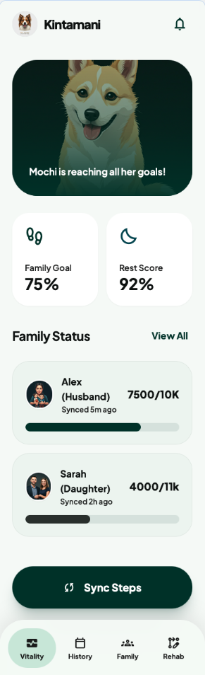 Kintamani app home screen showing a digital pet, family goals, and step tracking